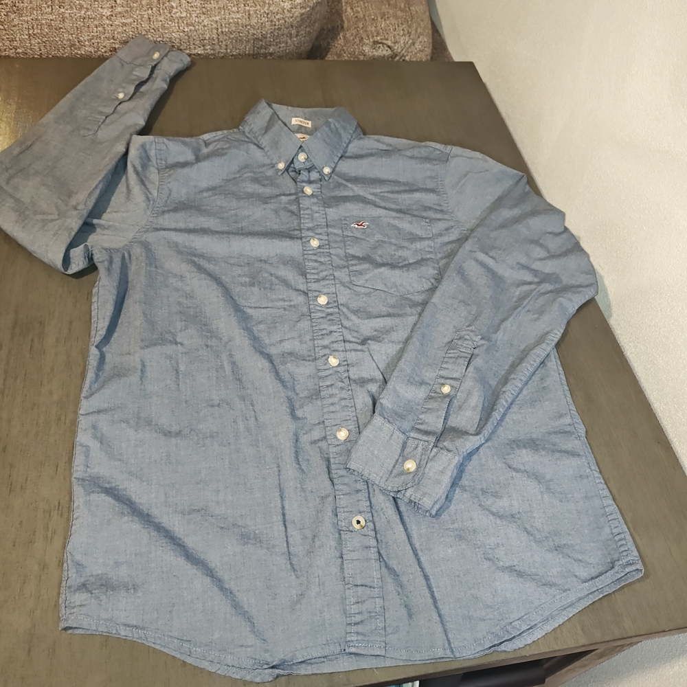 Hollister men's light blue long sleeve stretch Oxford button-down shirt Large